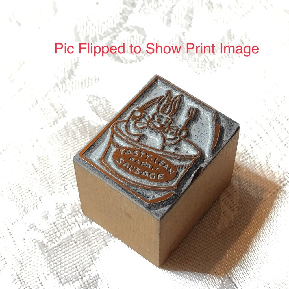 Antique Wooden Print Block Copper Tasty Lean Rabbit Bunny Sausage